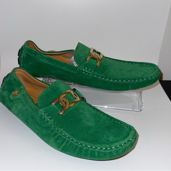 Green Suede Loafers with Gold Buckle - Picture 1 of 7